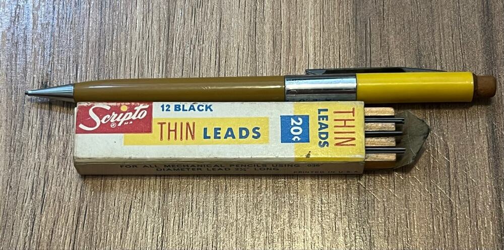 Vintage Yellow Brown Mechanical Pencil USA .036 With 7 Scripto Lead Refills